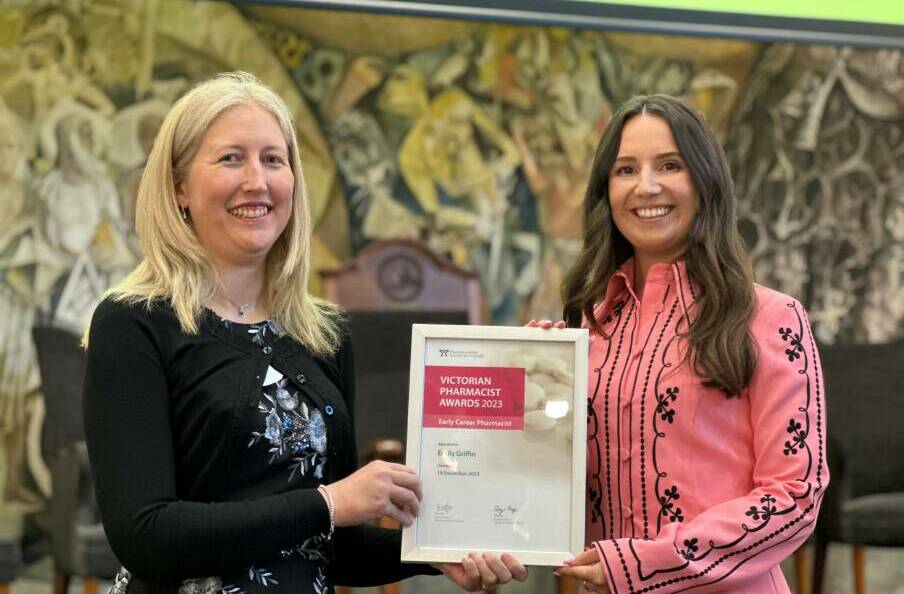 Bendigo's Emily Griffin receives the Early Career Pharmacist of the Year award from Pharmaceutical Society of Australia Victoria president Amy Page. Picture supplied