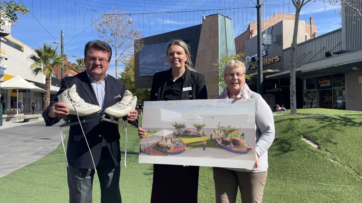 City of Greater Bendigo tourism manager Terry Karamaloudis, Bendigo Tourism board member Nicole McNamara and City of Greater Bendigo mayor Andrea Metcalf at the site of the new Hargreaves Mall pop up ice skating rink. Picture by Jonathon Magrath
