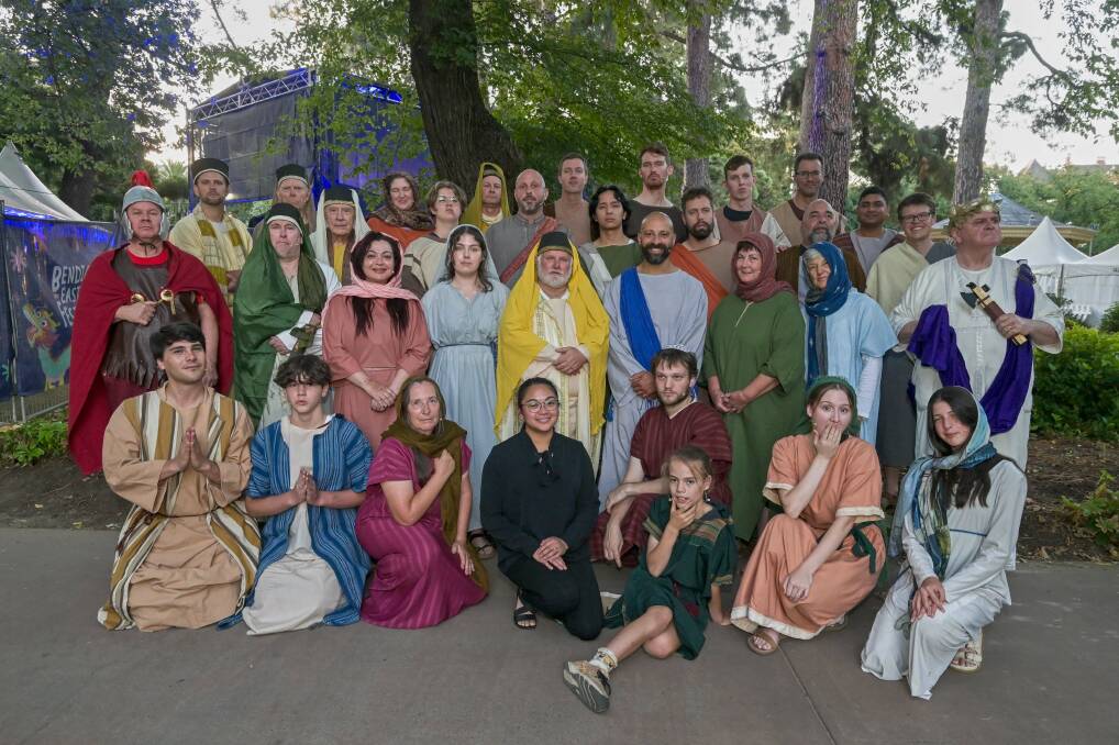 The cast of The Way of the Cross 2024 before taking to the Rosalind Park stage. Picture by Enzo Tomasiello
