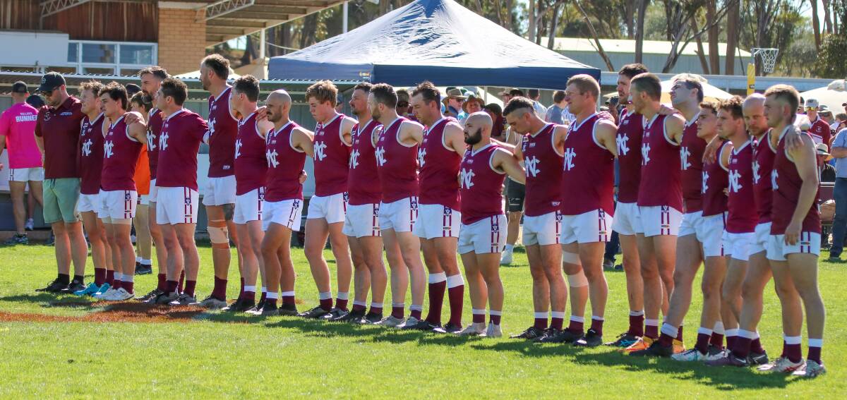 Nullawil lineup for the national anthem ahead of the 2023 NCFL grand final. Picture by Blake Lee