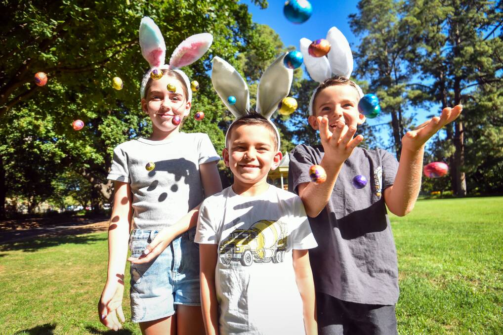 Audrey Loy, Mason Loy and Brady Loy looking forward to this year's Easter Egg Hunt. Picture by Darren Howe