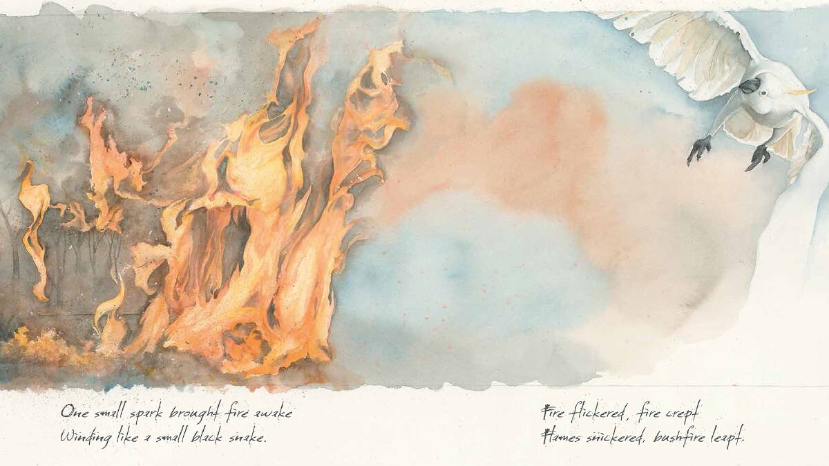 Bruce Whatley, Flames snickered, bushfire leapt (2013). Acrylic wash on water colour paper. Courtesy of the artist.
