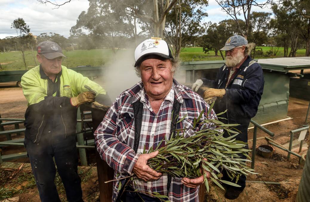 Eucalyptus cutter Robbie with in front of his distillery in Wedderburn. Picture: Justin McManus