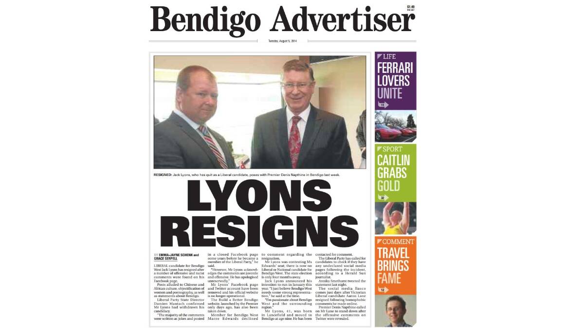 The front page of the Bendigo Advertiser on August 5, 2014.