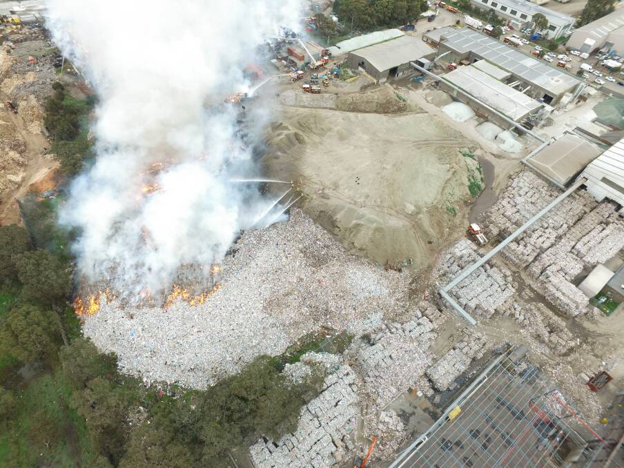 The fire which started at a recycling plant in Melbourne's north last week. Picture: METROPOLITAN FIRE BRIGADE