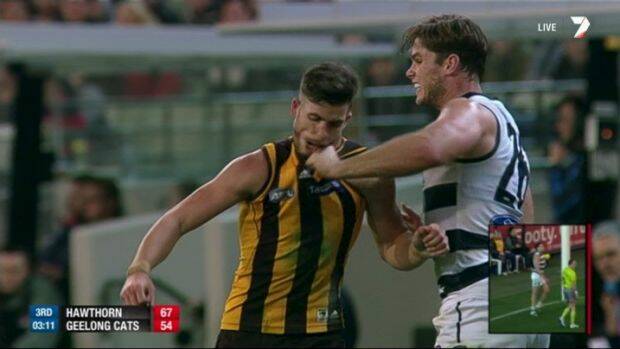 Jumper punches, such as this one by Tom Hawkins on Ben Stratton in 2014, are being targeted. Photo: Channel Seven