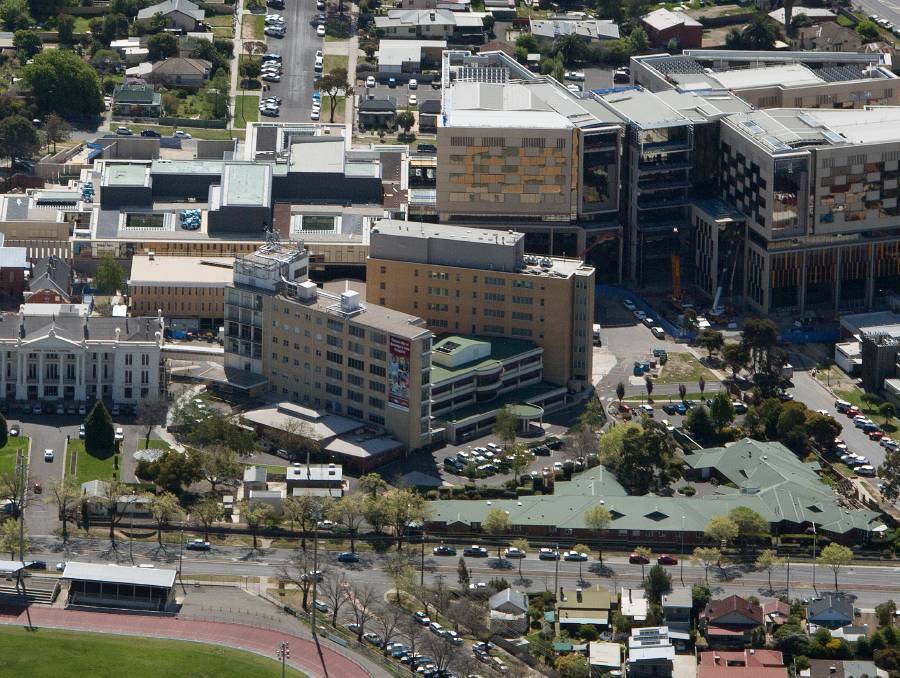 The two buildings (centre) at Bendigo Health's Anne Caudle Centre that are unable to meet building regulations when it comes to fire safety. Picture: SUPPLIED
