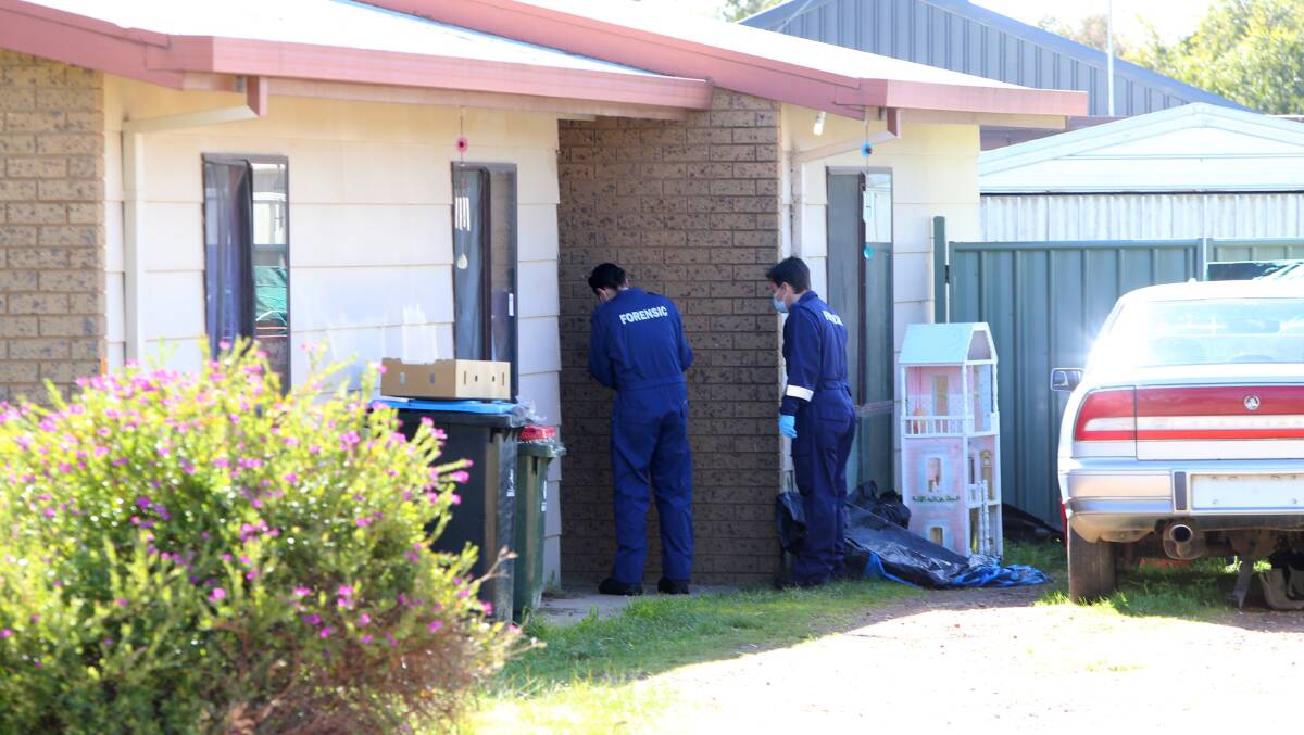 Police on the scene in Green Street, California Gully, where Brent Nicholas Gilbert stabbed a woman 10 times. Picture: GLENN DANIELS