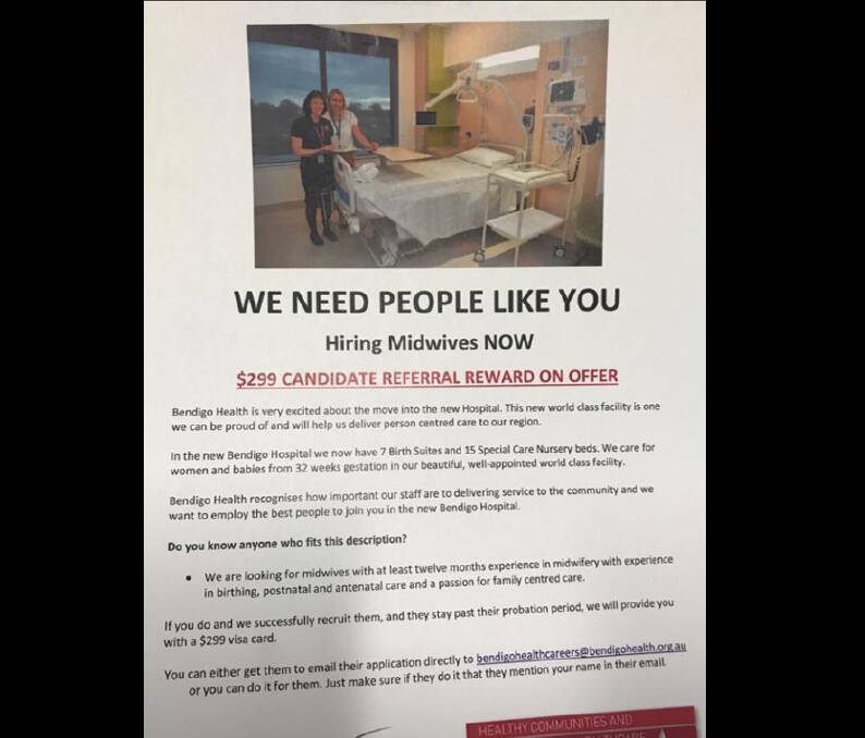 The poster offering Bendigo Health staff Visa cards if they can find more midwives for the maternity unit.