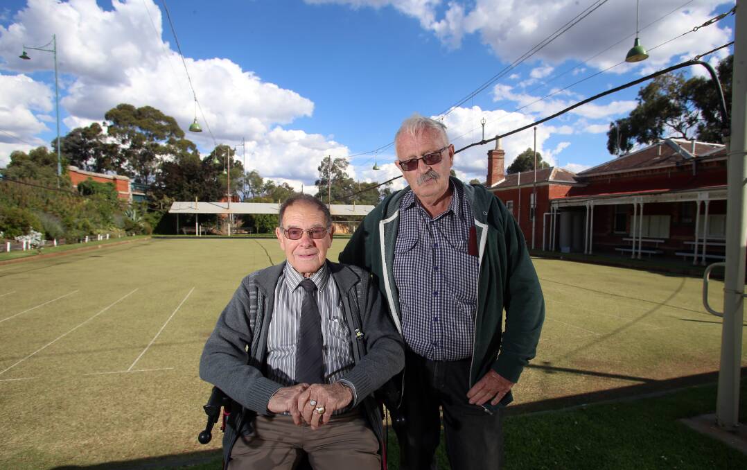 Don Robertson and Brian Rosewall, of the Bendigo VRI Bowling Club, fear for the club's future as part of plans for a second overpass at the Bendigo Railway Station. Picture: GLENN DANIELS