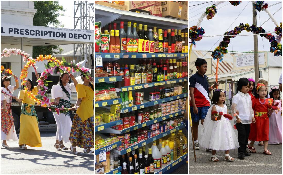 Images from the Pyramid Hill Fiesta and, middle, groceries at the town's own Filipino food store which has seen its range of products almost double since opening a year ago.