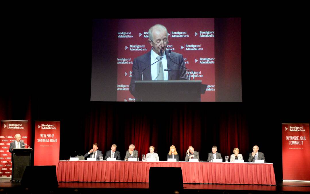 Bendigo and Adelaide Bank chairman Robert Johanson addresses the bank's annual general meeting at Ulumbarra Theatre on Tuesday. Picture: DARREN HOWE