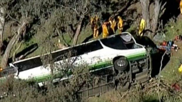 The bus carrying 30 passengers rolled after swerving on the Sunraysia Highway near Avoca. Photo: 9 News