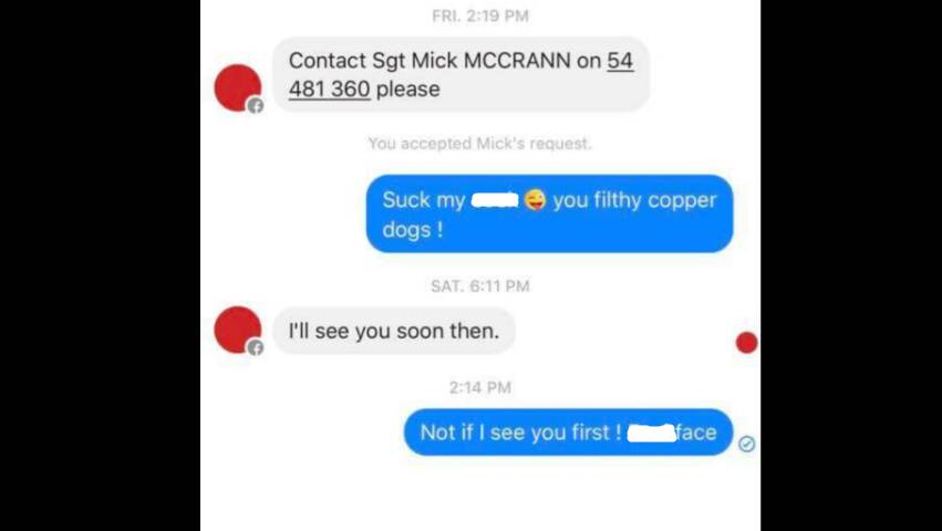 The Facebook exchange between Sergeant Mick McCrann and Jaawaa Morgan.