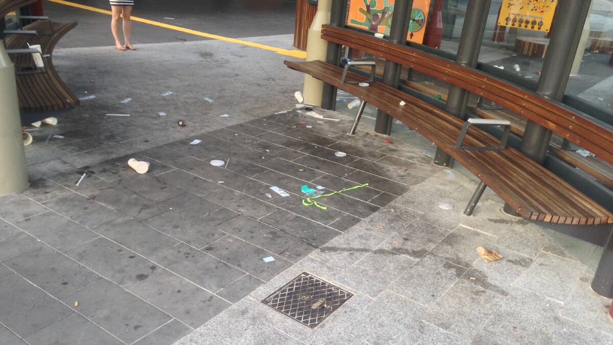 The mess left at the Hargreaves Mall bus shelter on Wednesday evening.