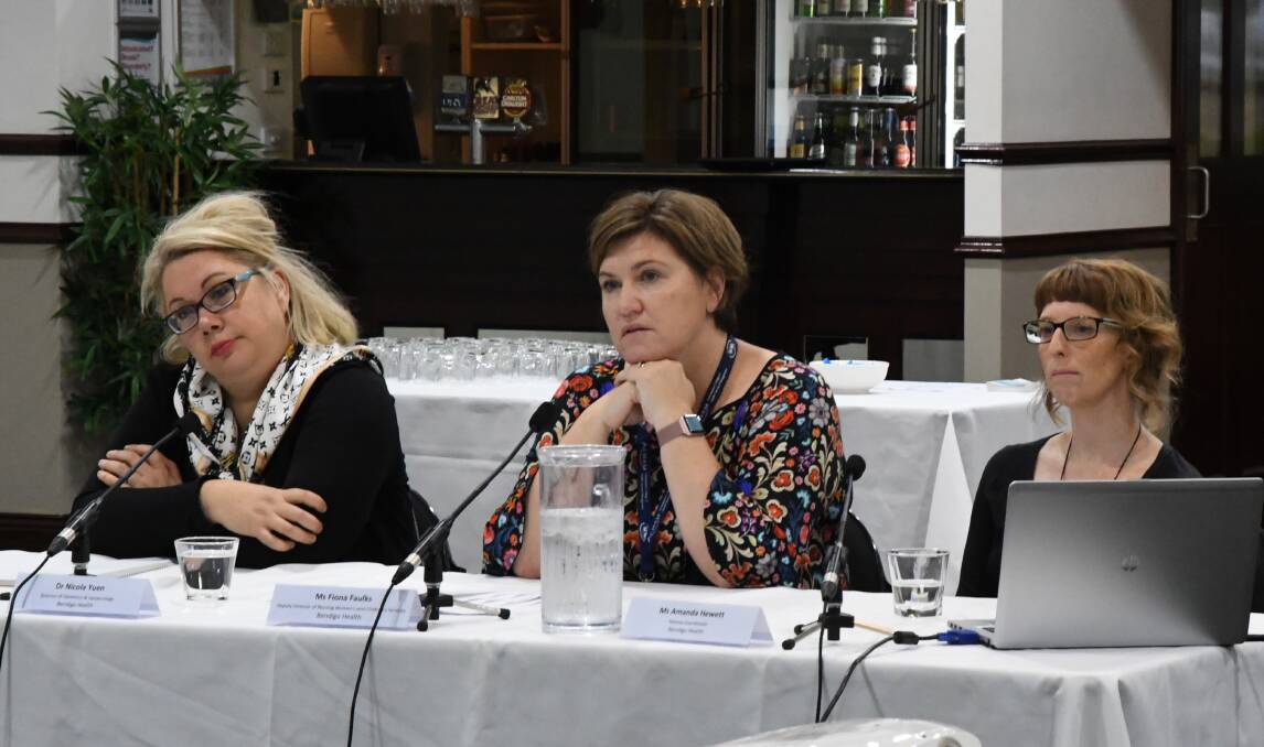 Bendigo Health director of obstetrics and gynaecology Nicola Yuen, deputy director of nursing, women's and children's services Fiona Faulks and Mamta co-ordinator Amanda Hewett at the inquiry in Bendigo on Tuesday. Picture: ADAM HOLMES