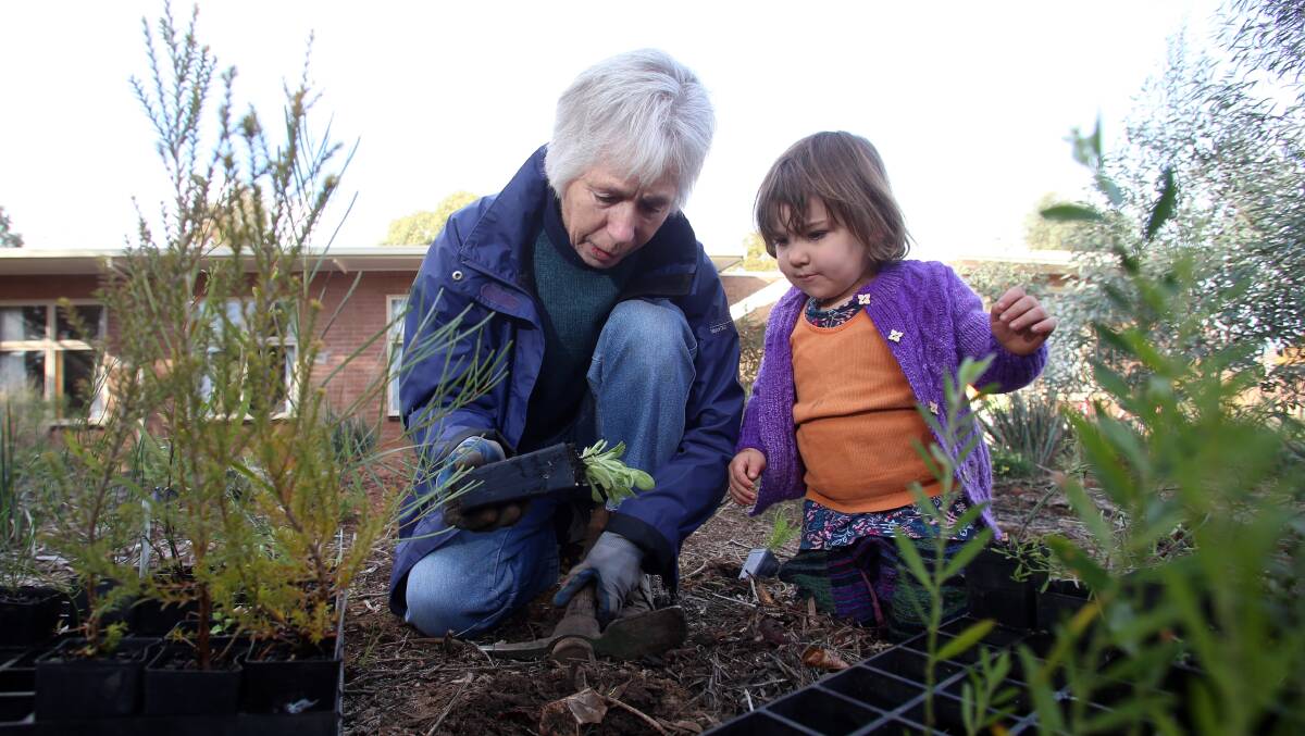 Jane Cleary and Athene Goonan help to plant 400 native trees and shrubs in honour of Bendigo conservationist Peter Ellis. Picture: GLENN DANIELS