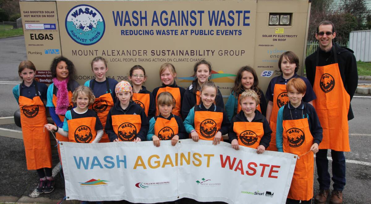 Waste warriors: MASG’s Waste Less Project Officer Jay Smith with community leaders from Winters Flat Primary School in Castlemaine.