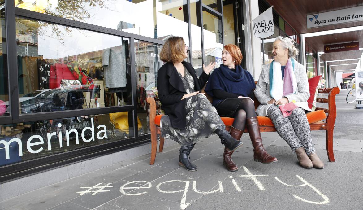 EQUITY: Community Foundation for Central Victoria executive officer Ann Lansberry, Merinda owner Ellie Gammon and Women's Health Loddon Mallee executive officer Linda Beilharz talking about Shop to Stop Violence Against Women on June 2. Picture: EMMA D'AGOSTINO