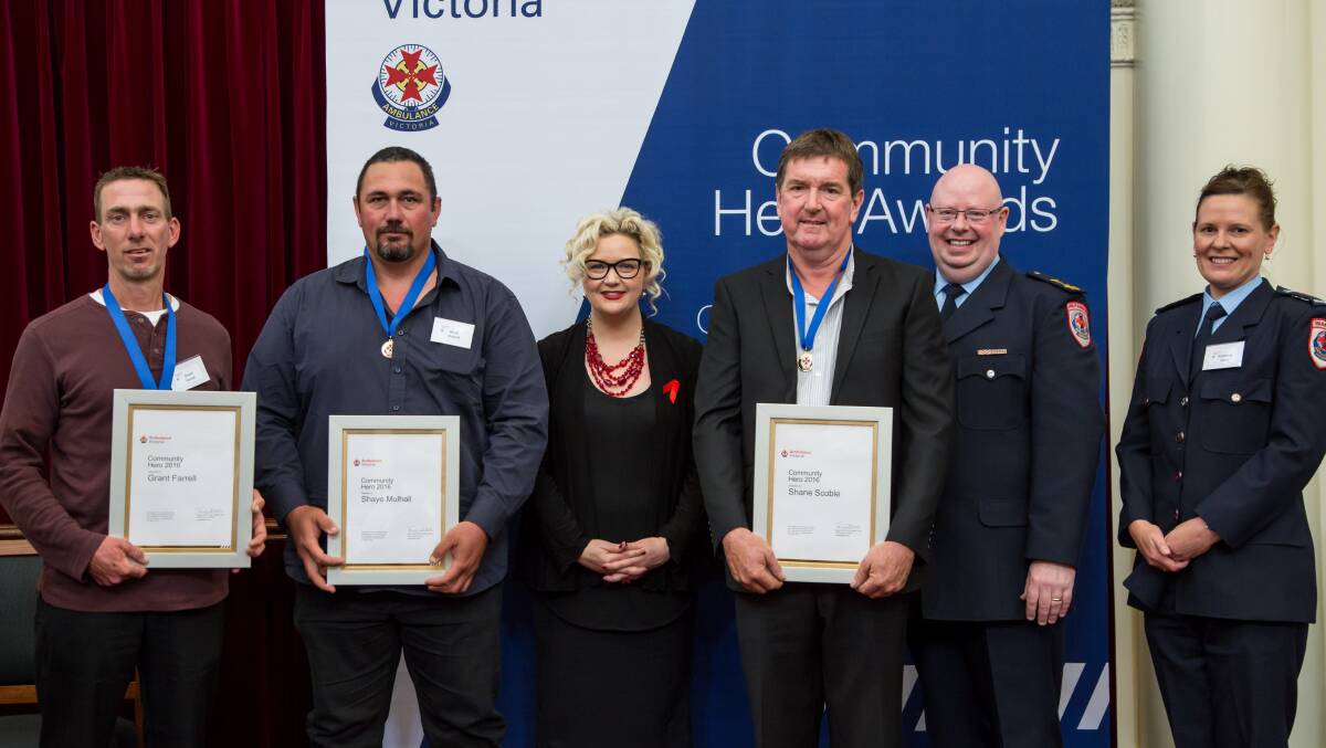 COMMUNITY HEROES: Grant Farrell, Shaye Mulhall, Minister for Ambulance Services Jill Hennessy, Shane Scoble, Ambulance Victoria CEO Tony Walker and Team Manager Kellianne Jones