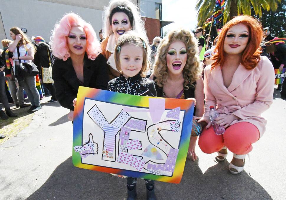 Chloe Abel, 4, with Rubi Taboo, Menorah Foxx, Matilda Finish and Gia String. Support for the pride march followed Friday night's fundraiser. Picture: DARREN HOWE