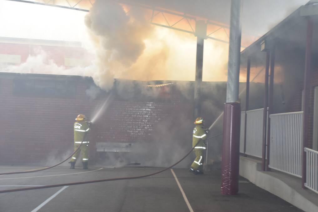 The school canteen and storage area were well alight when firefighters arrived. Picture: THE GANNAWARRA TIMES