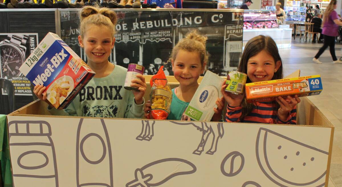 Children inside a box the Country Women's Association of Victoria Bendigo Northern Group are using to collect donations for care packages provided to farmers. Picture: SUPPLIED