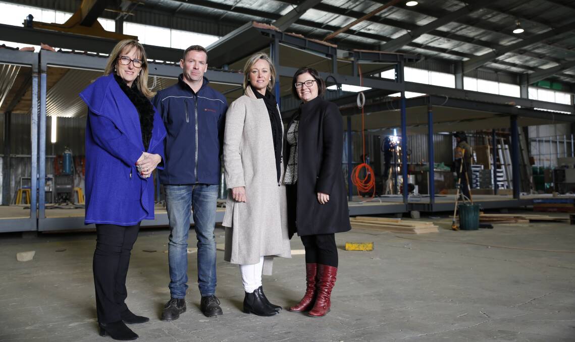 OPTIONS: Marg O'Rourke, Keiran Nihill, Cath Robertson, Lisa Chesters at Fleetwood Bendigo investigating modular buildings as a solution to the need for amenities to support women in sport. Picture: EMMA D'AGOSTINO