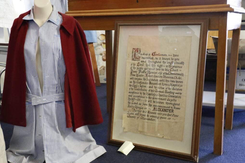 Castlemaine has been home to a health service for more than 160 years. Pictured are a nurse's uniform and a commemoration of the building's former name.