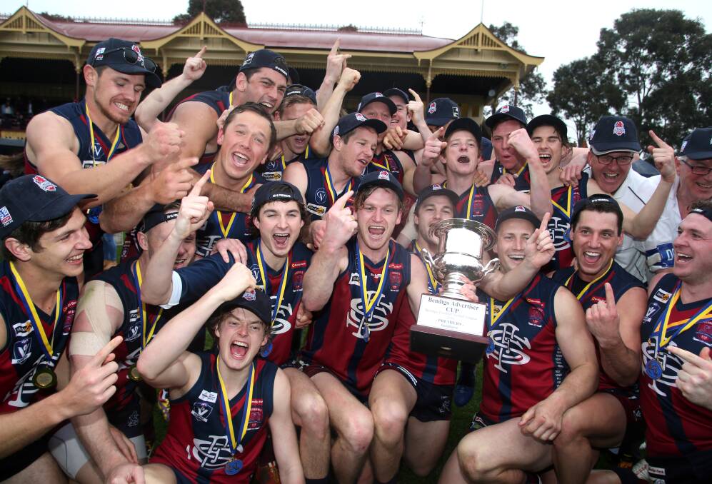 CELEBRATION TIME: Sandhurst's winning grand final team that defeated Golden Square by 32 points on Saturday. Picture: GLENN DANIELS