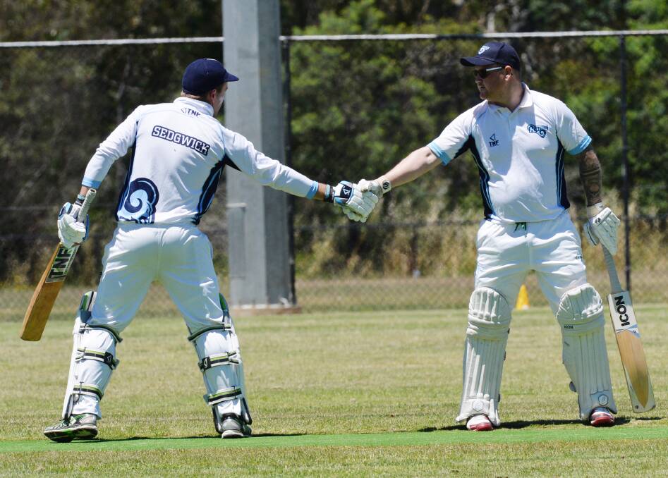 WELL DONE MATE: Sedgwick captain Rick Ladson congratulates Matt Dwyer after Dwyer reached 250 on Saturday. Picture: DARREN HOWE