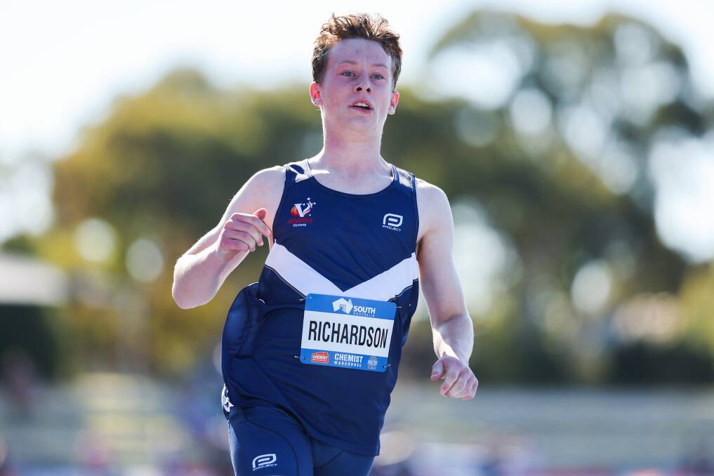 Eaglehawk's Cooper Richardson faced hot competition and a strong breeze in his heat of the under-16 100m. Picture by Scott Sidley.