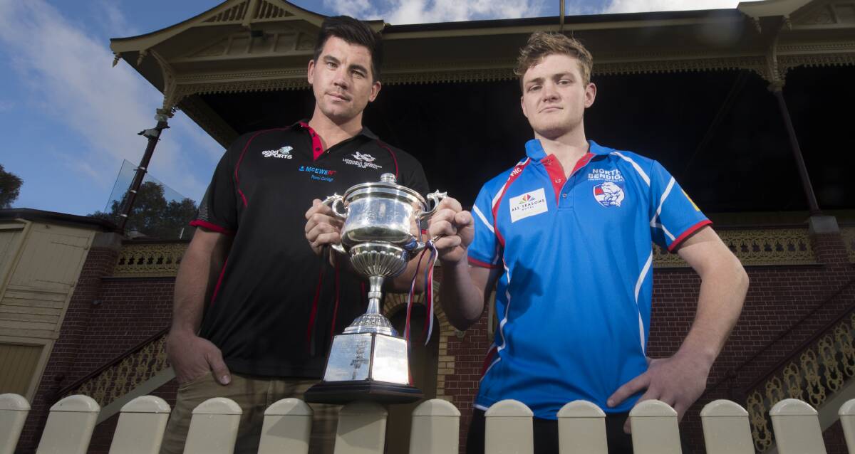 READY FOR BATTLE: Leitchville-Gunbower's Cameron Ross and North Bendigo captain Jordan Ford with the HDFNL premiership cup. Picture: DARREN HOWE