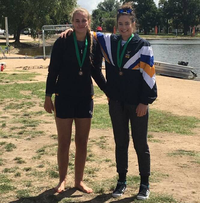RUNNERS-up: Cara Humphrey and Matilda Fitzpatrick were silver medallists in the K2 1000 at the Victorian Sprint Titles in Ballarat. Picture: CONTRIBUTED