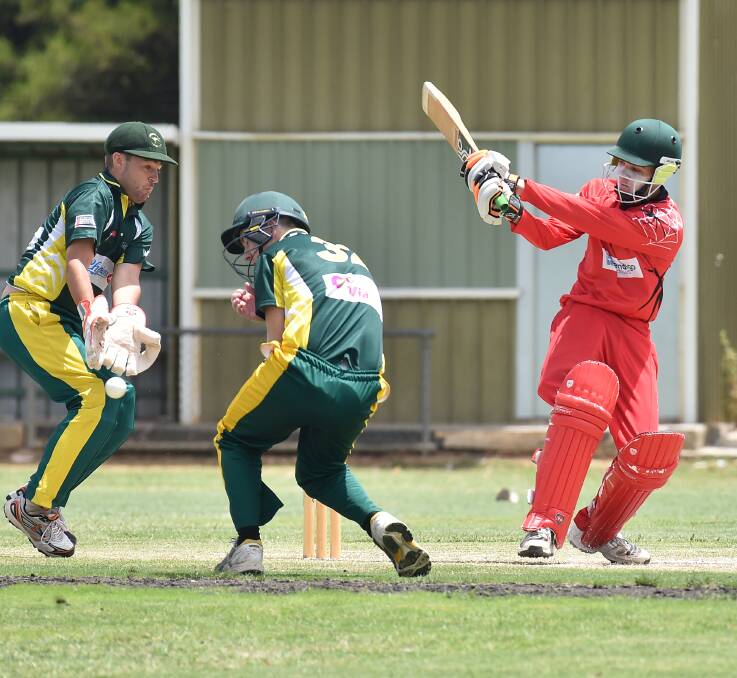 DUCK FOR COVER: Bendigo United's Jake Thrum kept Kangaroo Flat fielders on their toes in Saturday's top-of-the-ladder BDCA clash won by the Roos by three wickets at Champions IGA Oval. Picture: NONI HYETT