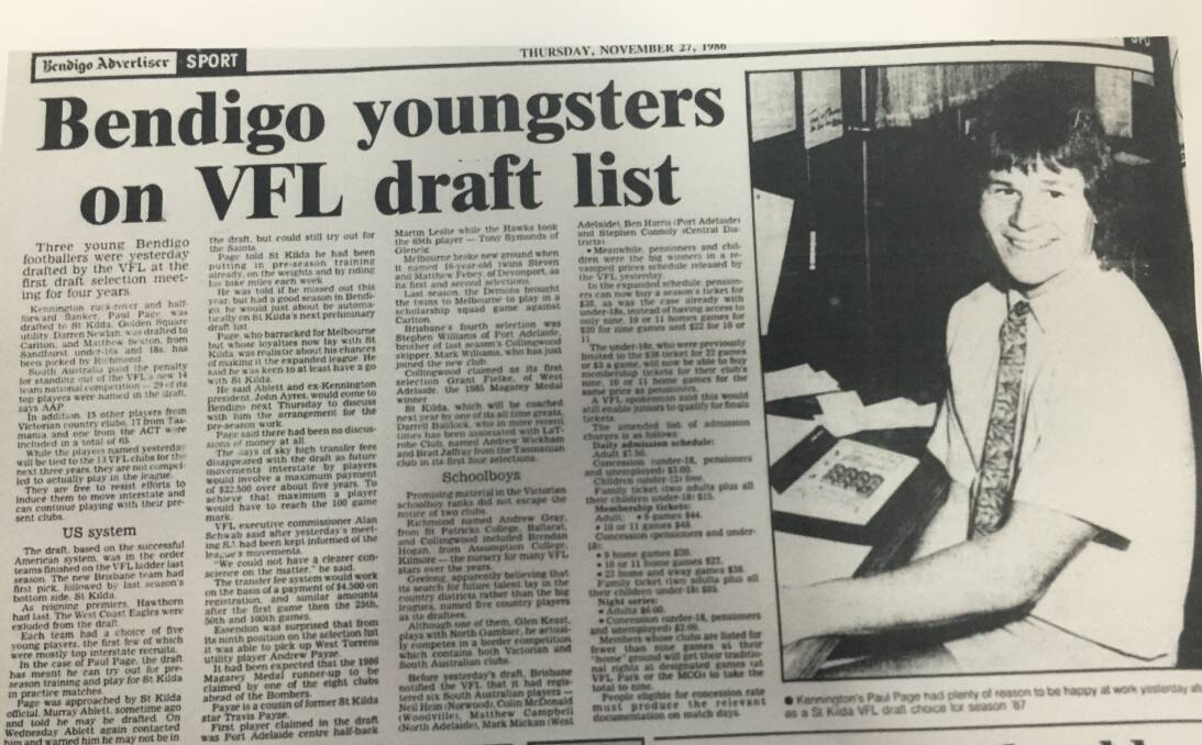 FLASHBACK: Kennington's Paul Page pictured on the back page of the Bendigo Advertiser the day after the 1986 VFL National Draft.
