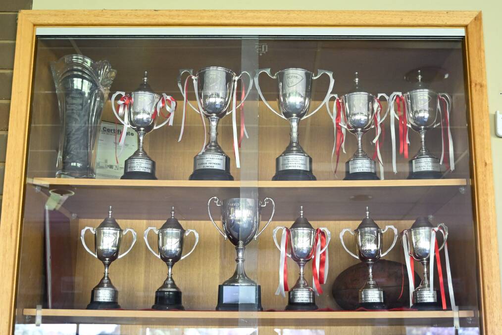 The trophy cabinet in the Elmore social rooms. Picture by Enzo Tomasiello
