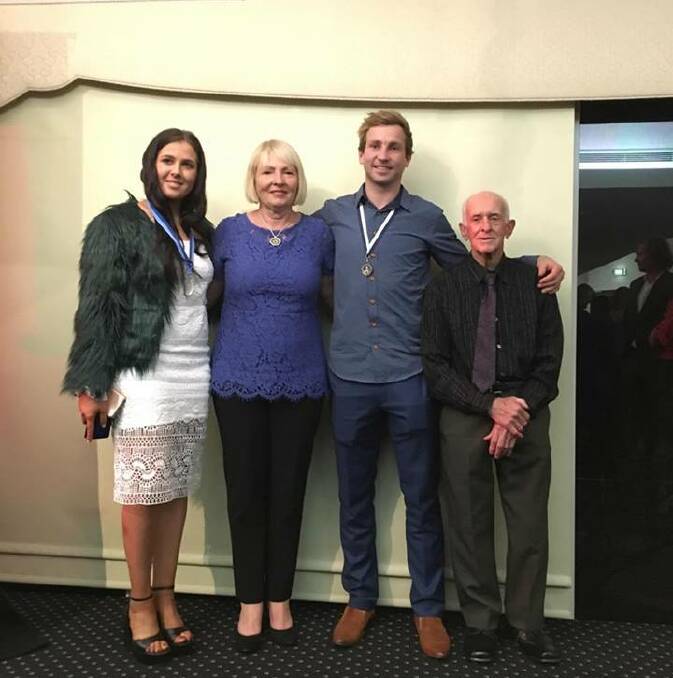 BIG NIGHT FOR THE BLUES: A Grade best and fairest Taylor Forster, Helen Ward, senior best and fairest Shane Harris and Graham 'Squirty' Roberts at Inglewood Football-Netball Club's presentation night. Picture: DYLAN HAWKEN