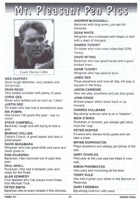 FLASHBACK: A section of the 1997 grand final edition of the Heathcote District league YABBA featuring pen pics of Mount Pleasant's grand final team.
