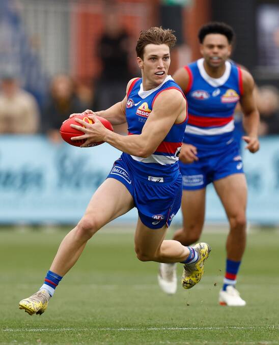 Harvey Gallagher, pictured playing in a practice match, will make his AFL debut for the Western Bulldogs against Melbourne on Sunday. Picture by Getty Images