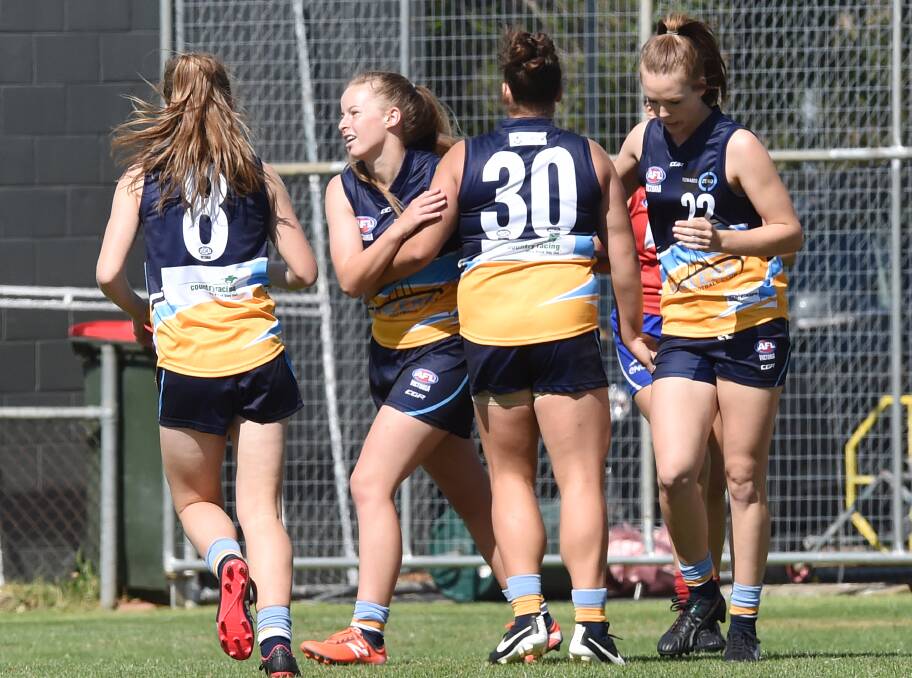 UP AND ABOUT: The Bendigo Pioneers girls celebrate one of their seven goals against Gippsland Power in their first win of the new competition. Pictures: DARREN HOWE