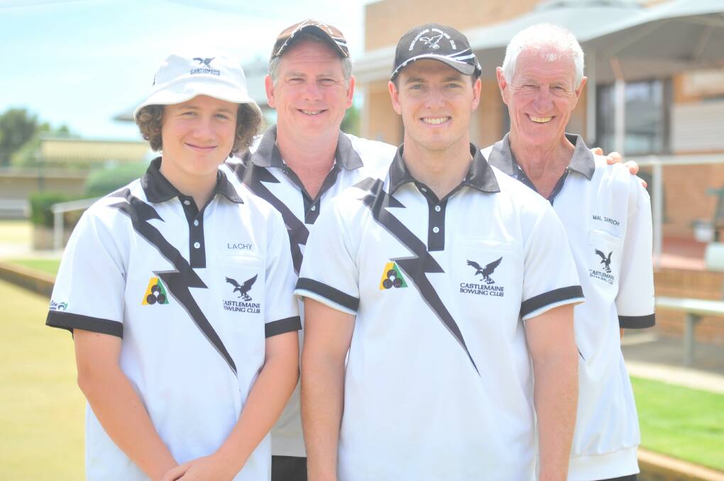 WINNERS ARE GRINNERS: Castlemaine's Paul Darroch, Mal Darroch (back), Lachy Darroch and Luke Hoskin all played in the same rink on Saturday. Picture: LUKE WEST