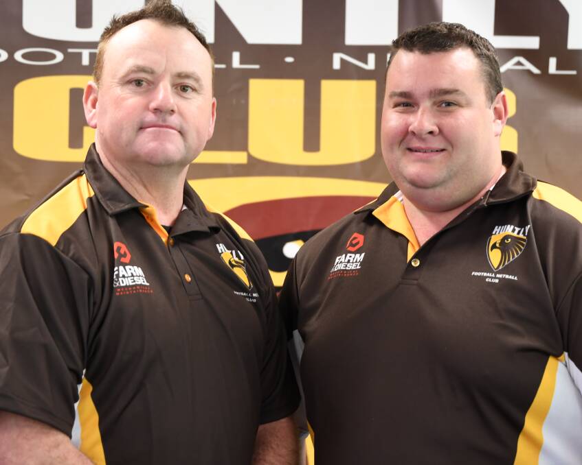 BLAST FROM THE PAST: Newly-appointed coach Denis Grinton, who previously led Huntly in 2000 and 2001, with Hawks' president Sam Walker on Thursday. Picture: LUKE WEST