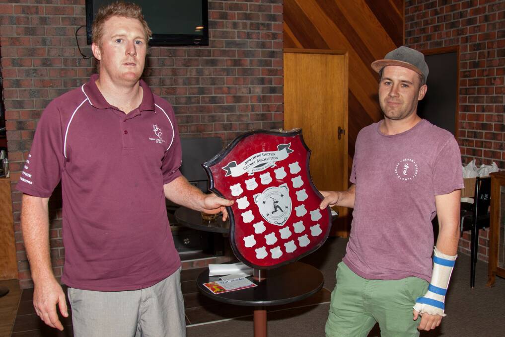 PRIZE ON THE LINE: Bagshot captain Matt Jeffries and injured Heathcote skipper Corey Gilmore with the NUCA premiership shield. Picture: Paul Laursen
