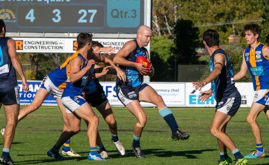 New Eaglehawk ruckman Brayden Frost with possession during the Hawks' 19-point win over Golden Square on Saturday. Picture by Enzo Tomasiello