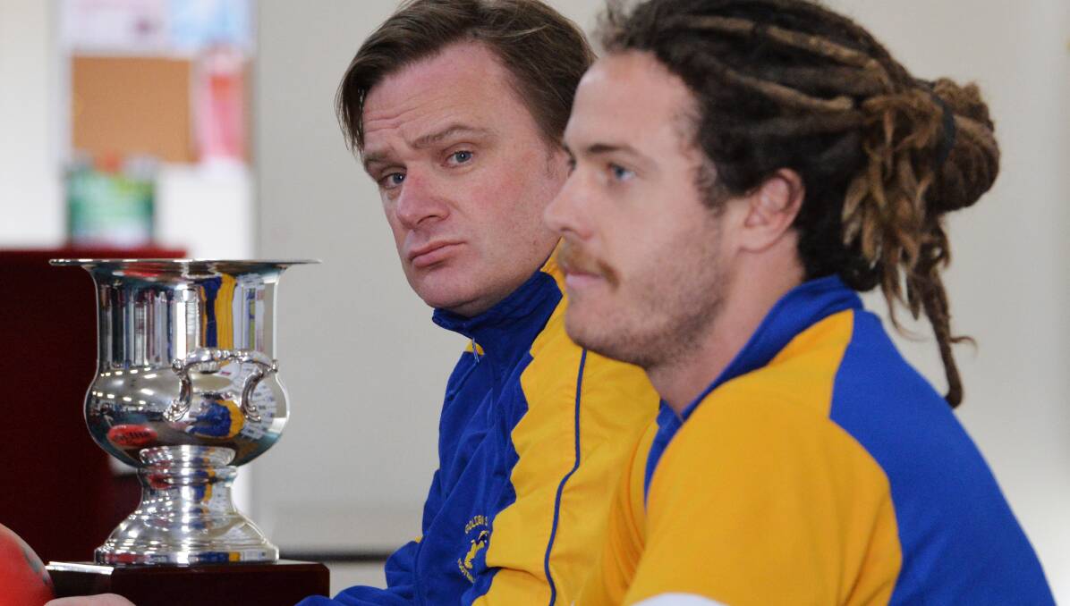 GAME FACES: Golden Square coach Nick Carter and co-captain Jack Geary. The Bulldogs play Sandhurst on Saturday. Picture: DARREN HOWE