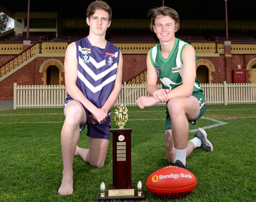 FLAG TUSSLE: Sandhurst Marist Dockers' Charlie Robinson and Kangaroo Flat's Bailey Thomas with the under-16 trophy. Picture: DARREN HOWE