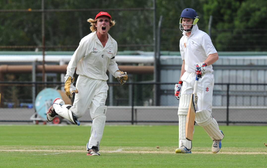 QUICK HANDS: Bendigo United's Harry Donegan is up and about after stumping Anthony West for 12 off the bowling of Nick Crawford, leaving the Hawks 5-101.