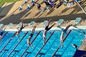 Competitors dive into the pool during last weekend's Ashlee Grace Skins twilight meet. Picture by Bendigo Hawks 