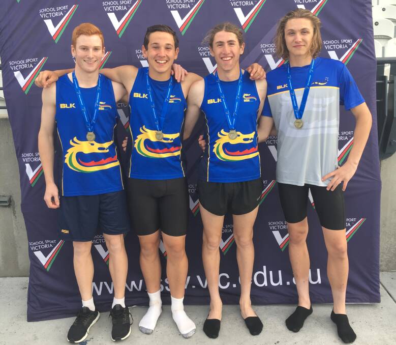 VICTORIOUS: Bendigo South East College's winning 15-boys 4 x 100m relay team Ethan Cunningham, Hamish Wild, Tom Martin and Bailey Hall.